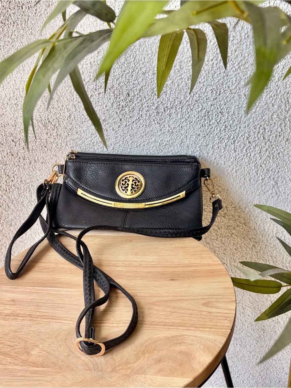 Black Faux Leather Crossbody Purse Gold Accent Bag